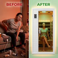2 Person Extendable FAR Infrared Sauna for Home, Hemlock Wood Low EMF 6 Carbon Heaters Indoor Saunas with LED Lights, Bluetooth Speaker, Digital Control Panel, and Seating Bench — Before & After