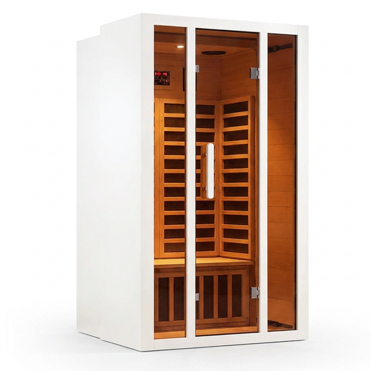 2 Person Extendable FAR Infrared Sauna for Home, Hemlock Wood Low EMF 6 Carbon Heaters Indoor Saunas with LED Lights, Bluetooth Speaker, Digital Control Panel, and Seating Bench — Studio Shot