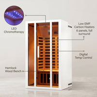 2 Person Extendable FAR Infrared Sauna for Home, Hemlock Wood Low EMF 6 Carbon Heaters Indoor Saunas with LED Lights, Bluetooth Speaker, Digital Control Panel, and Seating Bench — infographic