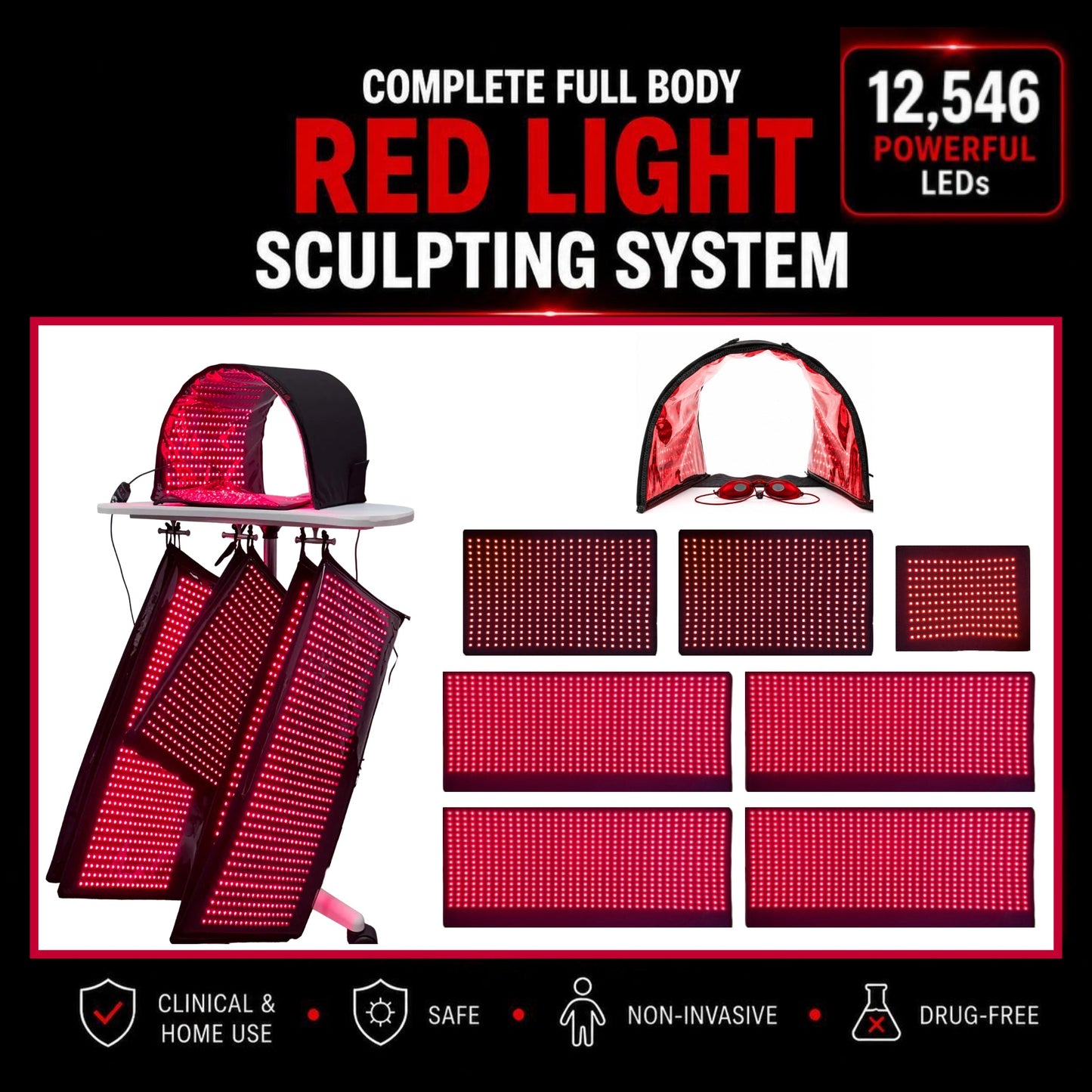 Full Body Red Light Therapy System 12,546 LED's in System. Includes 4 Pads 11" X 27", 2 Pads 11' X 16", 1 Face Dome, 1 Chin Pad