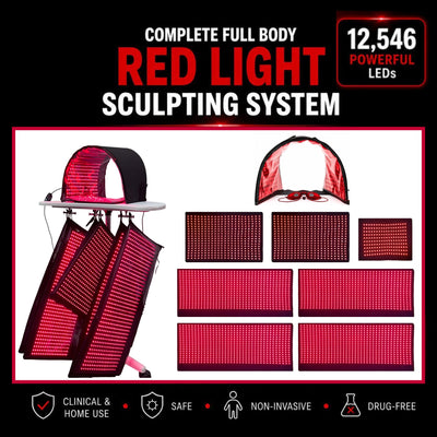 Full Body Red Light Therapy System 12,546 LED's in System. Includes 4 Pads 11" X 27", 2 Pads 11' X 16", 1 Face Dome, 1 Chin Pad