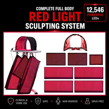 Full Body Red Light Therapy System 12,546 LED's in System. Includes 4 Pads 11" X 27", 2 Pads 11' X 16", 1 Face Dome, 1 Chin Pad