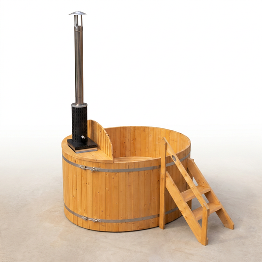 Wood Fired 4-Person to 5-Person 0-Jet Hot Tub and Ice Bath with Internal Stove Pine — Studio Shot