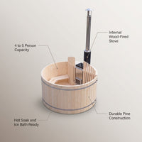 Wood Fired 4-Person to 5-Person 0-Jet Hot Tub and Ice Bath with Internal Stove Pine — infographic